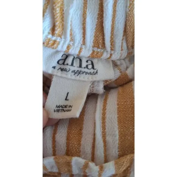 a.n.a. High Elastic Waist Wide Leg Cropped Linen Cotton Casual Striped Pants  L - Picture 3 of 11